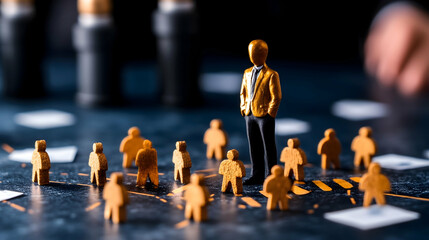 Obraz premium Golden leader addresses team; office background