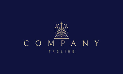 A vector golden logo featuring an abstract image a glowing eye centered within a triangle, emitting radiant light rays.