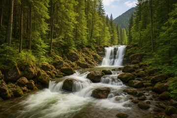 Waterfall flowing through a woodland in mountainous terrain