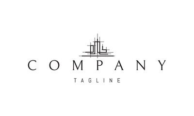 A vector logo featuring an abstract image a technical blueprint of a building under construction with precise lines and structural details.