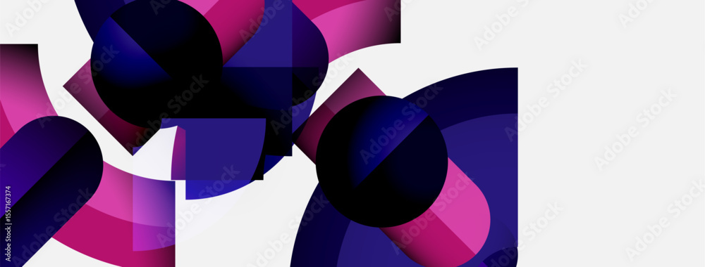 Poster Abstract geometric shapes, purple hues dominate composition. Circles, squares overlap creating dynamic visual effect. Modern design.
