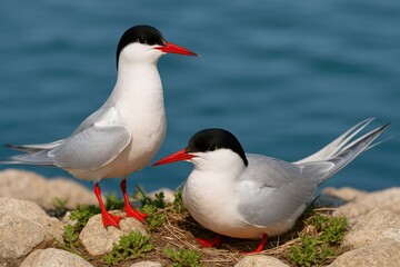 Pair of Roseate Terns nesting in their breeding site