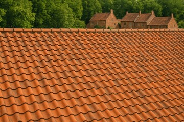 Vintage stone houses with lush green trees and roof tiles in the background
