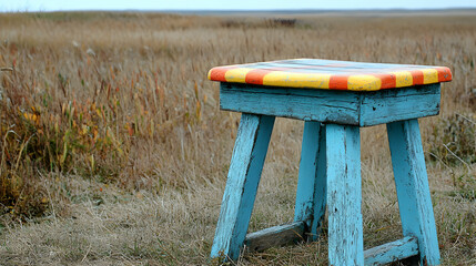 Rustic charm: Weathered blue stool stands tall in field of golden grass