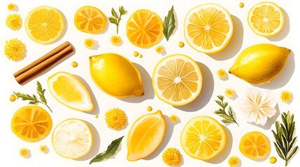 Lemons, cinnamon, flowers, white background, food styling