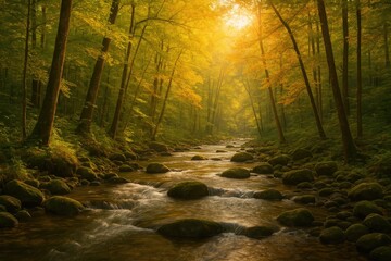 Obraz premium Stream flowing through a wooded area