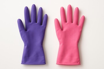 White background with vibrant purple and pink rubber gloves isolated
