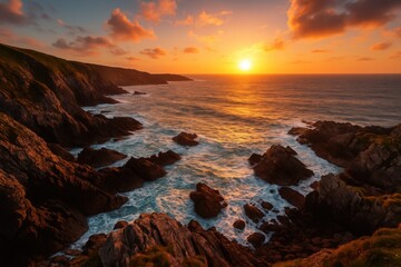 Sunset over rugged Atlantic shoreline