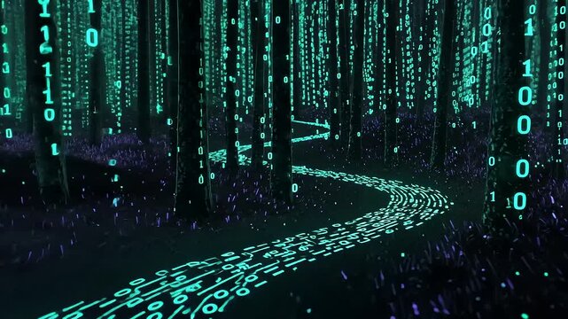 Enchanted forest pathway illuminated by glowing binary code