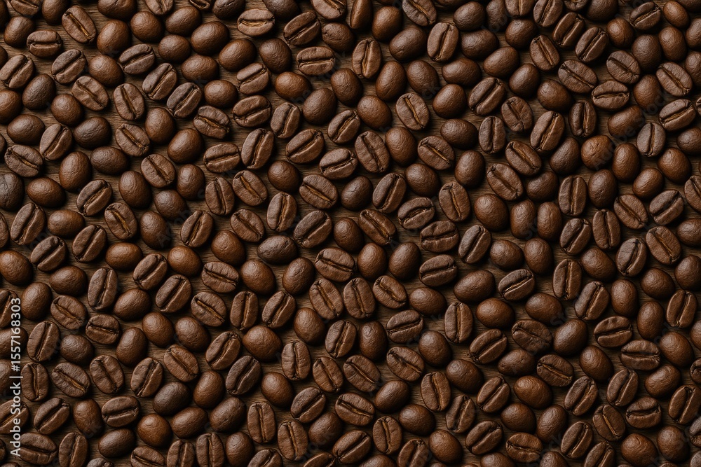 Aufkleber coffee beans in a roasted state with a coffee-themed backdrop from a top-down perspective on a woode