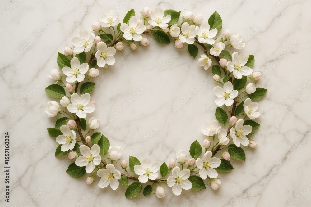 Aufkleber Circular border crafted from apple blossom branches on a light marble surface with empty space at the top for text.