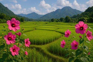 Obraz premium Beautiful landscape of rice fields in a tranquil Southeast Asian town