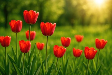 Obraz premium Bright red tulips blooming under the warm spring sun