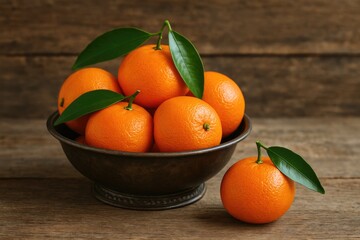Juicy tangerines displayed in a retro bowl against a rustic wooden backdrop, emphasizing healthy eating and nutrition. Focused shot.