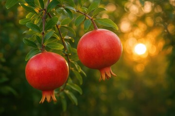 Mature pomegranate hanging from a branch in a garden during sunset with gentle focus
