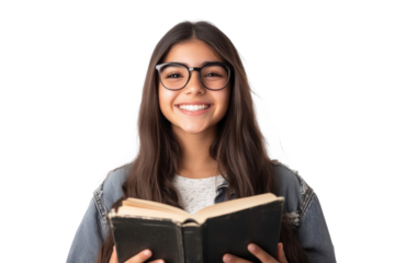 Smiling teenage girl with glasses holding an open book, showcasing joy and enthusiasm for reading, isolated on white background