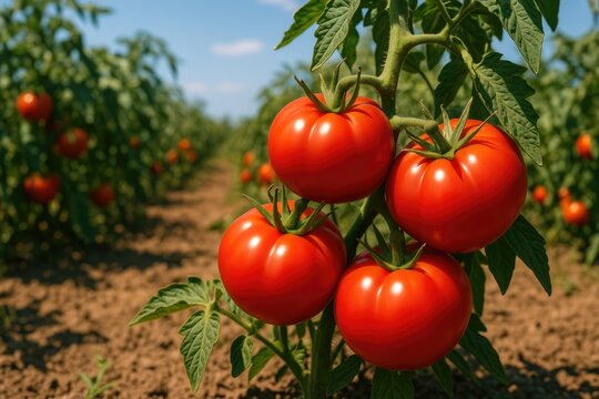 Freshly grown tomatoes thriving in a backyard garden during a sunny day