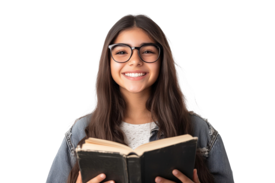 Smiling teenage girl with glasses holding an open book, showcasing joy and enthusiasm for reading, isolated on white background