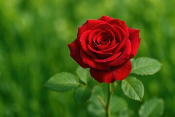 A crimson flower against a lush green backdrop in the outdoor garden