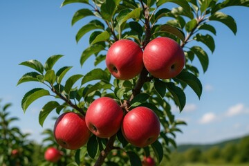 Fototapeta premium Fully ripened crimson apples hanging on a fruit tree