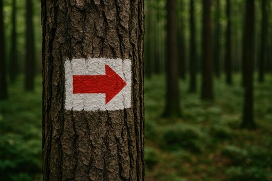 Red and white tourist marker attached to a tree in the forest
