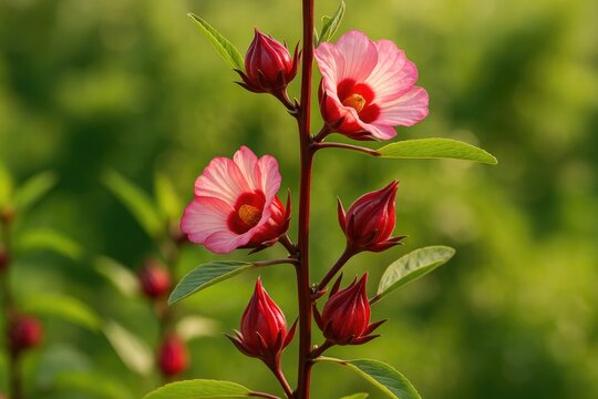 Bright red flower of the Hibiscus Sabdariffa plant