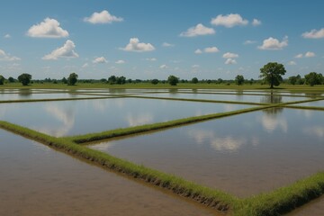 Flooded rice paddies in secluded regions without harvest