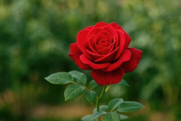 Fototapeta premium Blooming red rose on a garden tree branch