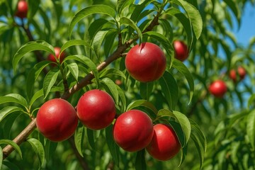 Obraz premium Vibrant red nectarines hanging from branches under bright sunlight. Emphasis on organic cultivation; fresh, wholesome, and natural produce.