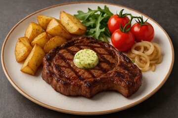 Tender ribeye served with roasted potatoes, caramelized onions, and cherry tomatoes