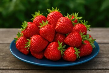 Vibrant ripe strawberries displayed on a blue dish during harvest season