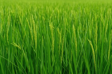 Early signs of rice crops developing ears in the fields