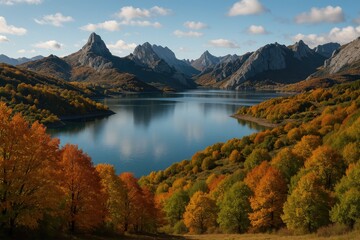 Fototapeta premium Autumn scenery in the Riano mountain range within a famous national park