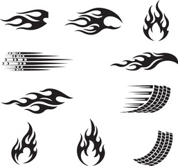 Collection of black tribal flame and tire track graphic design elements for automotive and sports themed decoration and customization © SaHeD