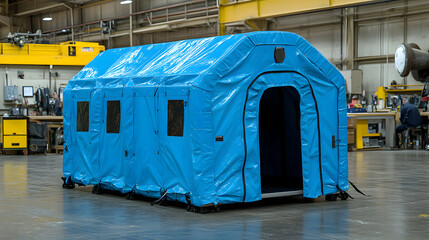 Innovative expandable shelter system blue, offering versatile protection in various industrial settings