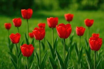 Vivid red tulips blooming in a lush garden