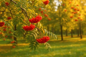 Vivid crimson mountain ash berries clustered on tree branches during a sunny autumn day in the park