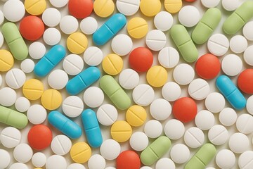 Assortment of colorful pills and tablets used for medical treatment from a pharmacy