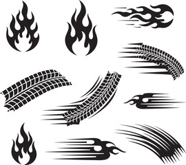 Collection of black tribal flame and tire track graphics representing speed power and racing with a dynamic energetic feel