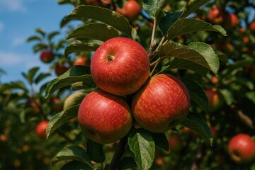 Fully ripened apples hanging on an apple tree branches