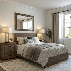 a bedroom with a bed a mirror and a lamp