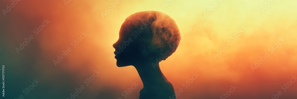 Poster silhouette of an alien revealing a vibrant universe within its head, embodying a surreal concept of 