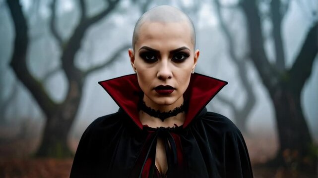 Woman with bald head and vampire cape stands in foggy woods with spooky trees for Halloween cosplay or fantasy theme