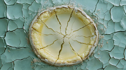 Geological cheesecake dessert on cracked earth surface texture background