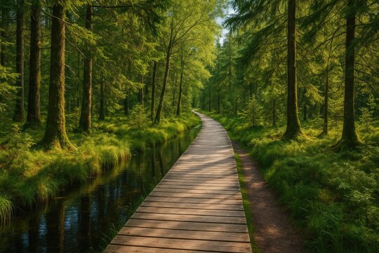 A mystical woodland trail spanning 2.5 km across the enchanted moor terrain of Taubenmoos in Bernau, Oberlehen district, Black Forest area