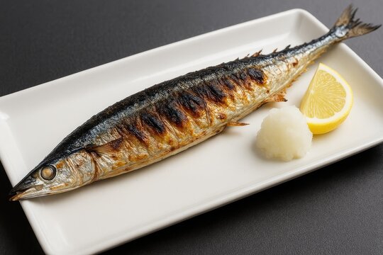 Charred Pacific saury fish (mackerel pike) preparation