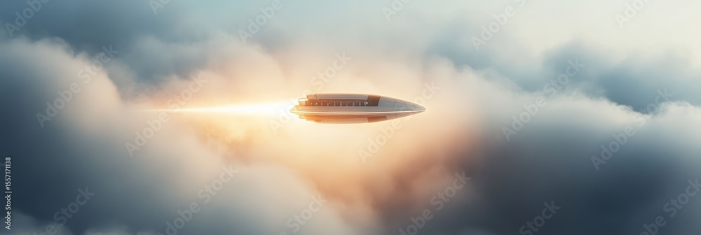 Poster futuristic spaceship soaring through vibrant clouds at sunset. journeying across the universe with c