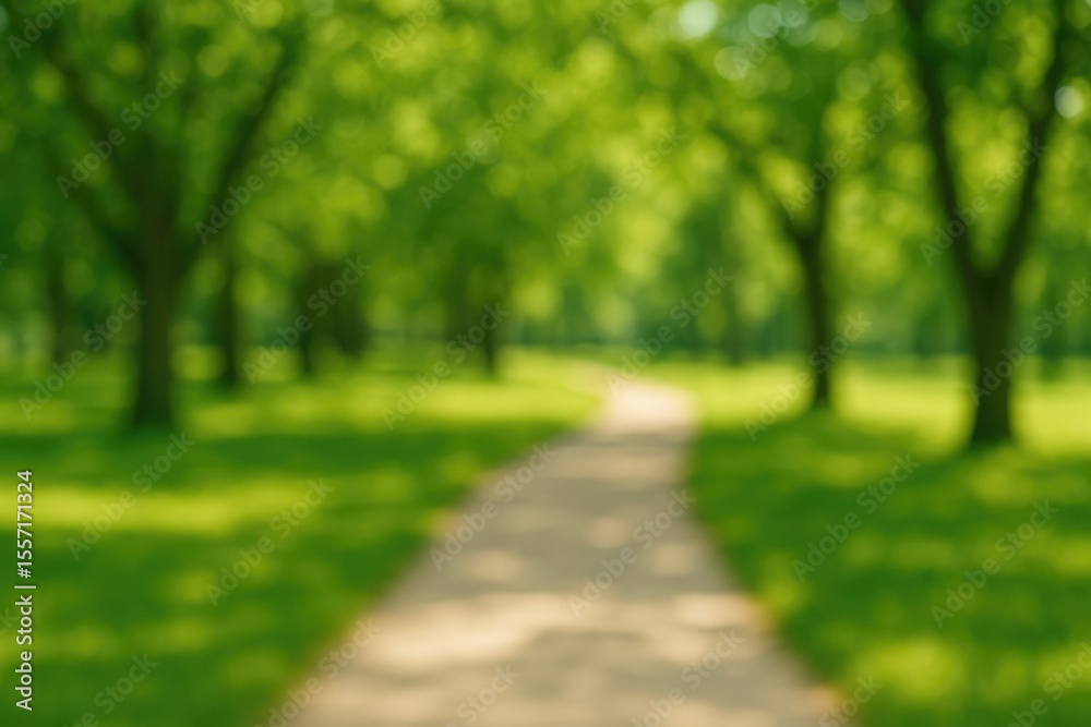 Poster tranquil forest trail with soft-focused verdant scenery ideal for relaxing strolls and nature escape