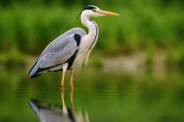 Obraz premium Gray Heron with Mirror Image