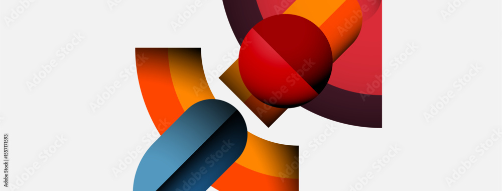 Poster abstract composition featuring overlapping colorful shapes. red sphere dominates, contrasted by oran